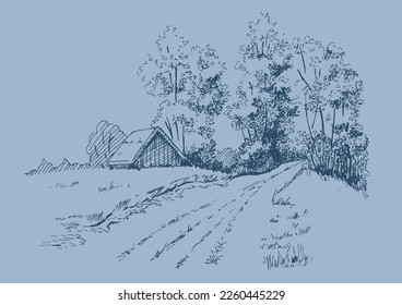 Green grass field on small hills. Meadow, alkali, lye, grassland, pommel, lea, pasturage, farm. Rural scenery landscape panorama of countryside pastures. Vector sketch illustration