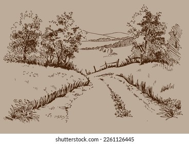 Green grass field on small hills. Meadow, alkali, lye, grassland, pommel, lea, pasturage, farm. Rural scenery landscape panorama of countryside pastures. Vector sketch illustration
