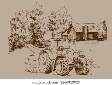 Green grass field on small hills. Meadow, alkali, lye, grassland, pommel, lea, pasturage, farm. Rural scenery landscape panorama of countryside pastures. Vector sketch illustration