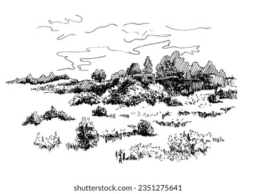 Green grass field on small hills. Meadow, alkali, lye, grassland, pommel, lea, pasturage. Rural scenery landscape panorama of countryside pastures. Vector sketch illustration