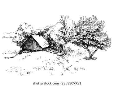 Green grass field on small hills. Meadow, alkali, lye, grassland, pommel, lea, pasturage, farm. Rural scenery landscape panorama of countryside pastures. Vector sketch illustration
