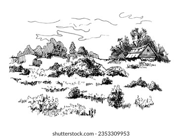Green grass field on small hills. Meadow, alkali, lye, grassland, pommel, lea, pasturage, farm. Rural scenery landscape panorama of countryside pastures. Vector sketch illustration

