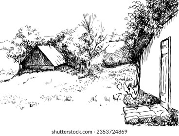Green grass field on small hills. Meadow, alkali, lye, grassland, pommel, lea, pasturage, farm. Rural scenery landscape panorama of countryside pastures. Vector sketch illustration
