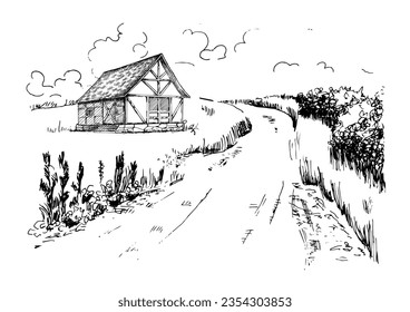 Green grass field on small hills. Meadow, alkali, lye, grassland, pommel, lea, pasturage, farm. Rural scenery landscape panorama of countryside pastures. Vector sketch illustration
