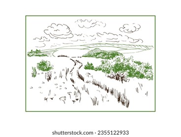 Green grass field on small hills. Meadow, alkali, lye, grassland, pommel, lea, pasturage, farm. Rural scenery landscape panorama of countryside pastures. Vector sketch illustratio