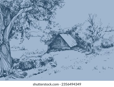 Green grass field on small hills. Meadow, alkali, lye, grassland, pommel, lea, pasturage, farm. Rural scenery landscape panorama of countryside pastures. Vector sketch illustration