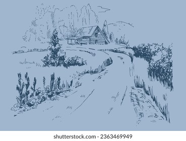 Green grass field on small hills. Rural scenery landscape panorama of countryside pastures. Vector sketch illustration


