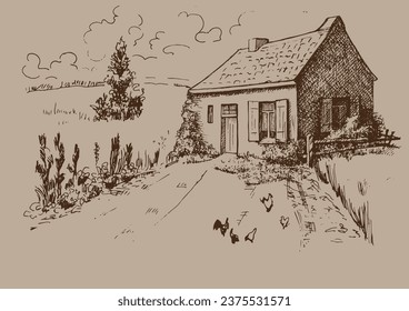 Green grass field on small hills. Meadow, alkali, lye, grassland, pommel, lea, pasturage, farm. Rural scenery landscape panorama of countryside pastures. Vector sketch illustration
