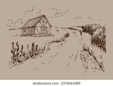 Green grass field on small hills. Meadow, alkali, lye, grassland, pommel, lea, pasturage, farm. Rural scenery landscape panorama of countryside pastures. Vector sketch illustration
