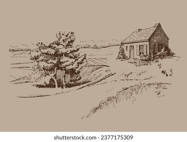 Green grass field on small hills. Meadow, alkali, lye, grassland, pommel, lea, pasturage, farm. Rural scenery landscape panorama of countryside pastures. Vector sketch illustration
