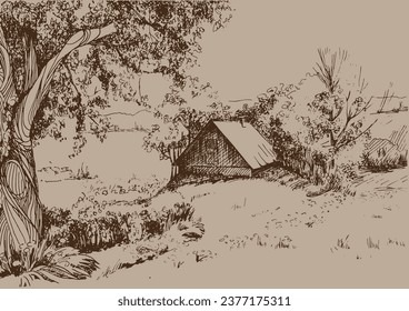 Green grass field on small hills. Meadow, alkali, lye, grassland, pommel, lea, pasturage, farm. Rural scenery landscape panorama of countryside pastures. Vector sketch illustration
