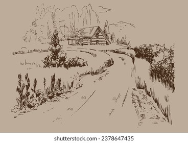 Campo de hierba verde en pequeñas colinas. pradera, álcali, lejía, prados, pomelo, pulga, pasto, granja. Paisajes rurales con vistas panorámicas de paisajes rurales. Ilustración de esbozo de vector
