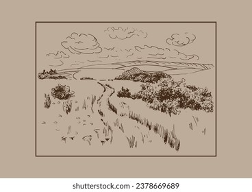 Green grass field on small hills. Meadow, alkali, lye, grassland, pommel, lea, pasturage, farm. Rural scenery landscape panorama of countryside pastures. Vector sketch illustration

