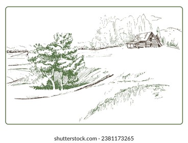 Green grass field on small hills. Meadow, alkali, lye, grassland, pommel, lea, pasturage, farm. Rural scenery landscape panorama of countryside pastures. Vector sketch illustration
