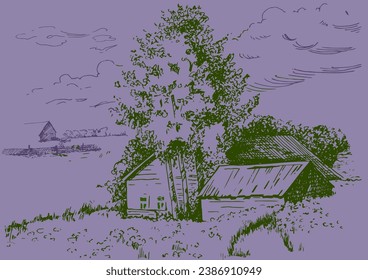 Green grass field on small hills. Meadow, alkali, lye, grassland, pommel, lea, pasturage, farm. Rural scenery landscape panorama of countryside pastures. Vector sketch illustration