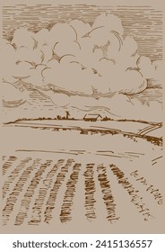 Campo de hierba verde en pequeñas colinas. pradera, álcali, lejía, prados, pomelo, pulga, pasto, granja. Paisajes rurales con vistas panorámicas de paisajes rurales. Ilustración de esbozo de vector
