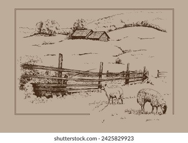 Green grass field on small hills. Meadow, alkali, lye, grassland, pommel, lea, pasturage, farm. Rural scenery landscape panorama of countryside pastures. Vector sketch illustration
