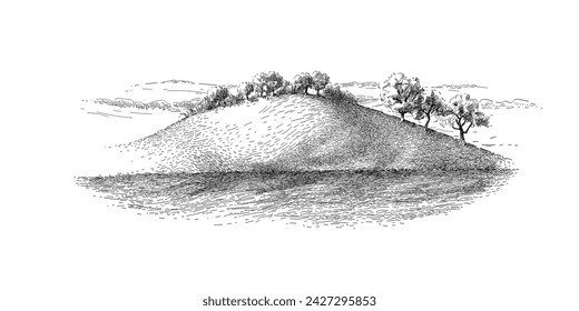 Green grass field on small hills. Meadow, alkali, lye, grassland, pommel, lea, pasturage, farm. Rural scenery landscape panorama of countryside pastures. Vector vintage sketch illustration