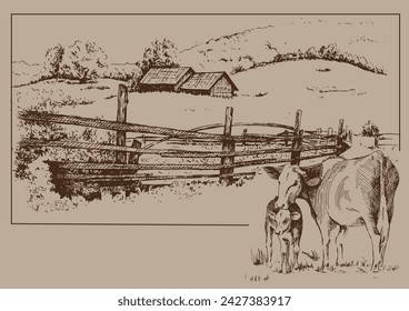 Green grass field on small hills. Meadow, alkali, lye, grassland, pommel, lea, pasturage, farm. Rural scenery landscape panorama of countryside pastures. Vector sketch illustration
