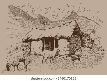Green grass field on small hills. Meadow, alkali, lye, grassland, pommel, lea, pasturage, farm. Rural scenery landscape panorama of countryside pastures. Vector sketch illustration
