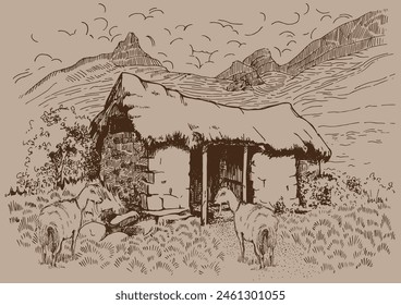 Green grass field on small hills. Meadow, alkali, lye, grassland, pommel, lea, pasturage, farm. Rural scenery landscape panorama of countryside pastures. Vector sketch illustration
