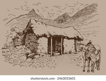 Green grass field on small hills. Meadow, alkali, lye, grassland, pommel, lea, pasturage, farm. Rural scenery landscape panorama of countryside pastures. Vector sketch illustration
