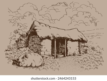 Green grass field on small hills. Meadow, alkali, lye, grassland, pommel, lea, pasturage, farm. Rural scenery landscape panorama of countryside pastures. Vector sketch illustration
