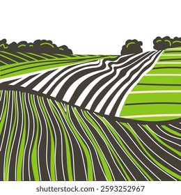 Green grass field on small hills. Meadow, alkali, lye, grassland, pommel, lea, pasturage, farm. Rural scenery landscape panorama of countryside pastures. Vector sketch line illustration