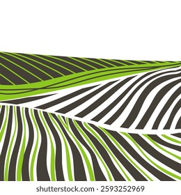 Green grass field on small hills. Meadow, alkali, lye, grassland, pommel, lea, pasturage, farm. Rural scenery landscape panorama of countryside pastures. Vector sketch line illustration