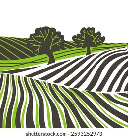 Green grass field on small hills. Meadow, alkali, lye, grassland, pommel, lea, pasturage, farm. Rural scenery landscape panorama of countryside pastures. Vector sketch line illustration