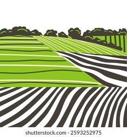 Green grass field on small hills. Meadow, alkali, lye, grassland, pommel, lea, pasturage, farm. Rural scenery landscape panorama of countryside pastures. Vector sketch line illustration