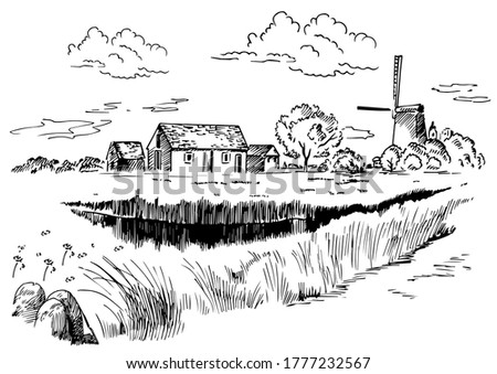 Green grass field on small hills. Meadow, alkali, lye, grassland, pommel, lea, pasturage, farm. Rural scenery landscape panorama of countryside pastures. Vector sketch illustration