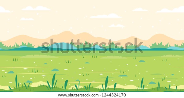 草原に植物 茂みの近くに石を敷き詰めた緑の草原 自然のゲーム の背景に単純な色と平らなスタイルで 水平に傾けることができます のベクター画像素材 ロイヤリティフリー