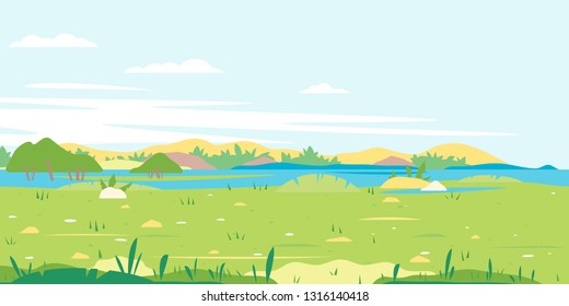 Green grass field with plants and river along meadow, travel concept illustration, fields background in summer day with green grass and river