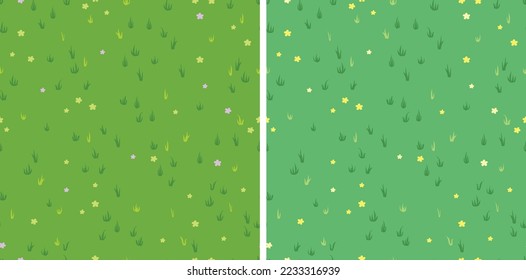 Green grass field seamless repeat pattern with and without flowers beautiful lawn vector illustration for video games web print wallpaper background texture fabric textile nature meadow cartoon style
