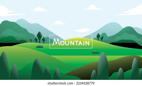 Green grass field spring season natural mountain forest for camping travel summer scene in fresh air background design vector illustrator