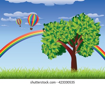 Green grass field with a tree, rainbow and hot air balloons in the sky.