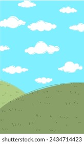 Green grass field wallpaper with blue sky and clouds as a background for story books