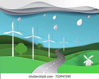 Green grass field  and wind turbine landscape with rain vector paper art cute illustration paper cut