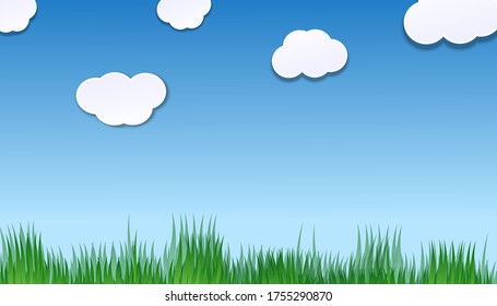 Green grass in flat icon design with blue sky background.