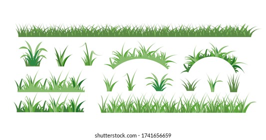 Green grass flat icon set. Cartoon bio lawn pattern and spring field border isolated vector illustration collection. Organic plant and garden concept