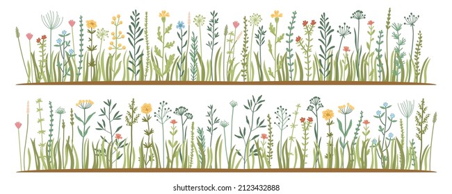 Green Grass Flat Icon Set. Wild Meadow Herbs, Flowers Isolated On White Background, Leaf Borders, Flower Elements, Nature Background Vector Illustration. Green Land Concept For Template Design