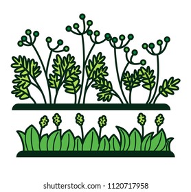 Green grass and flower plants vector icons