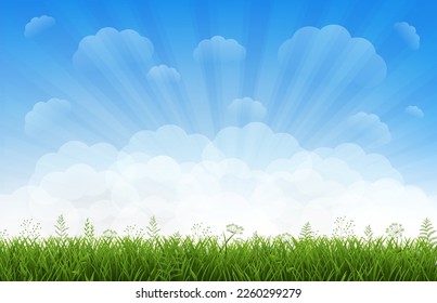 Green Grass And Flower And Sky With Cloud With Gradient Mesh, Vector Illustration