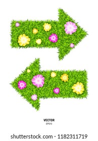 Green Grass and Flowers Arrow Isolated on White Background. 3D Vector Illustration of Eco and Bio Direction Symbol