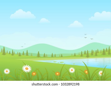 Green grass with flowers and blue lake on a mountains background. Nature vector landscape.