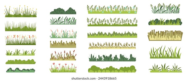 Green grass with flowers mega set in flat graphic design. Collection elements of meadow herbal horizontal layers with variative wildflowers, bushes and leaves for landscape. Vector illustration.