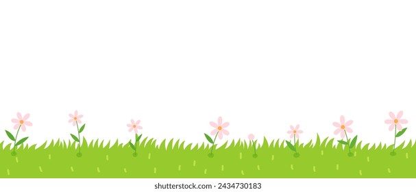 Green grass with flowers. Nature banner background.