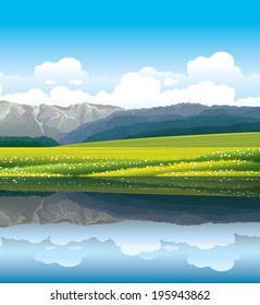 Green grass with flowers on a forest background and reflection in the lake. Nature vector landscape.