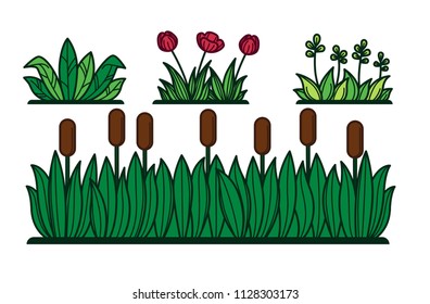 Green grass flowers and reed vector icons